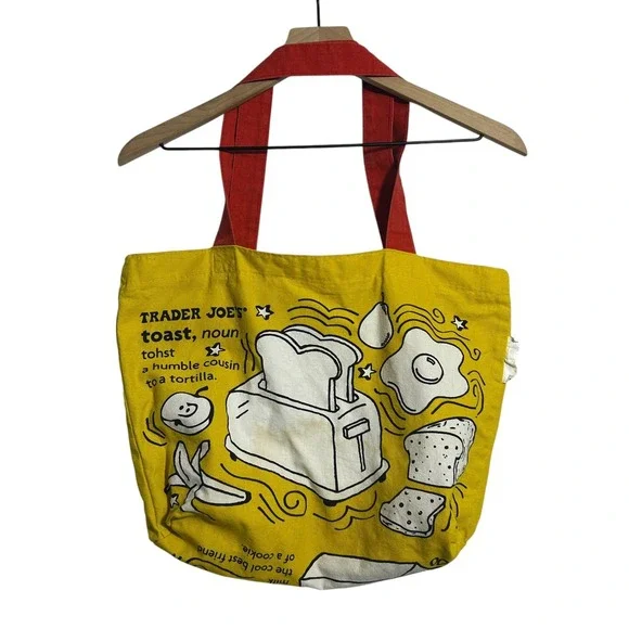 Trader Joe's Breakfast Toast Waffle Yellow Canvas Tote Bag Red Handles Grocery - Picture 1 of 10